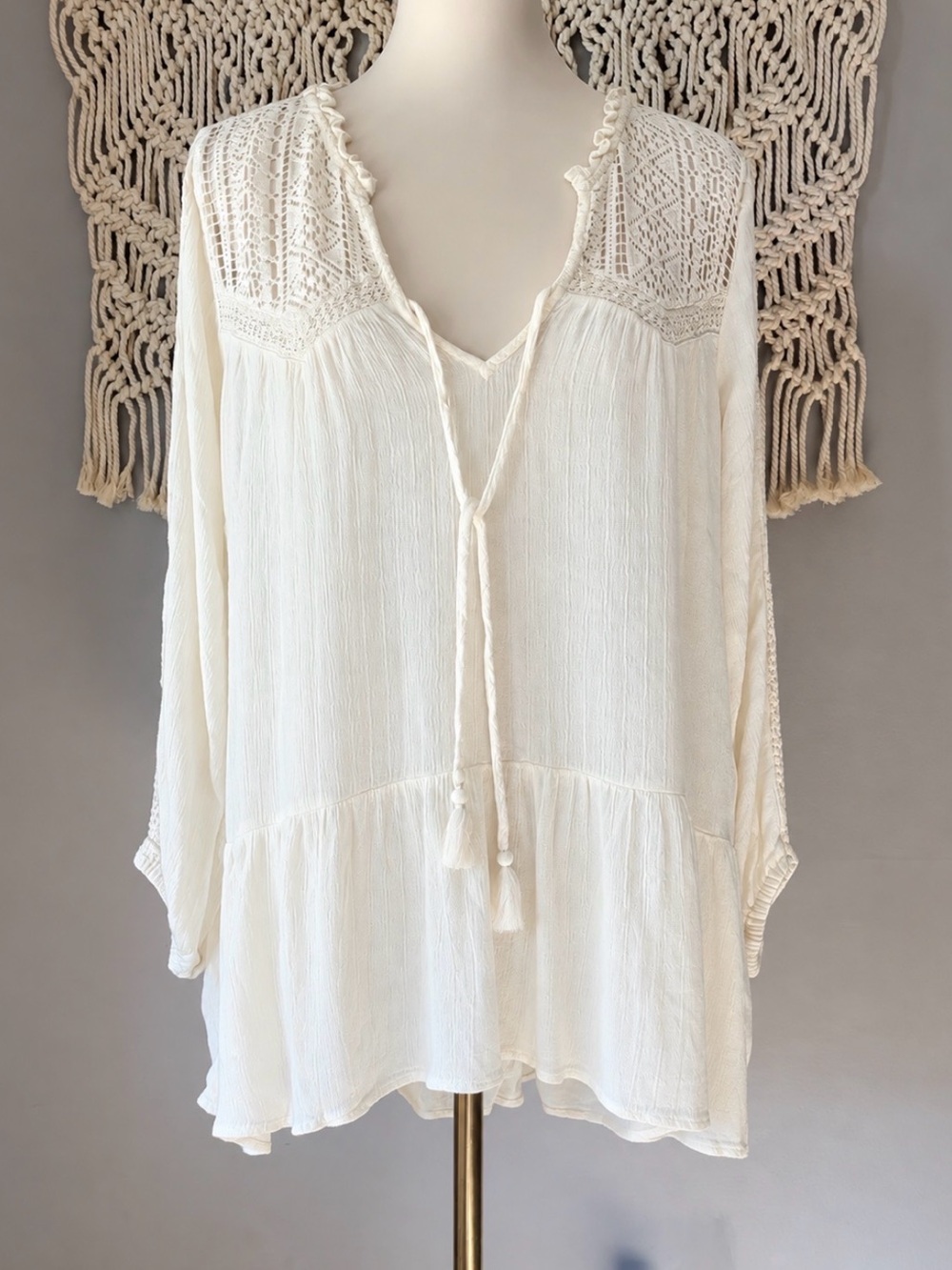 American Eagle Outfitters Ivory Crochet Yoke Peasant Tunic
